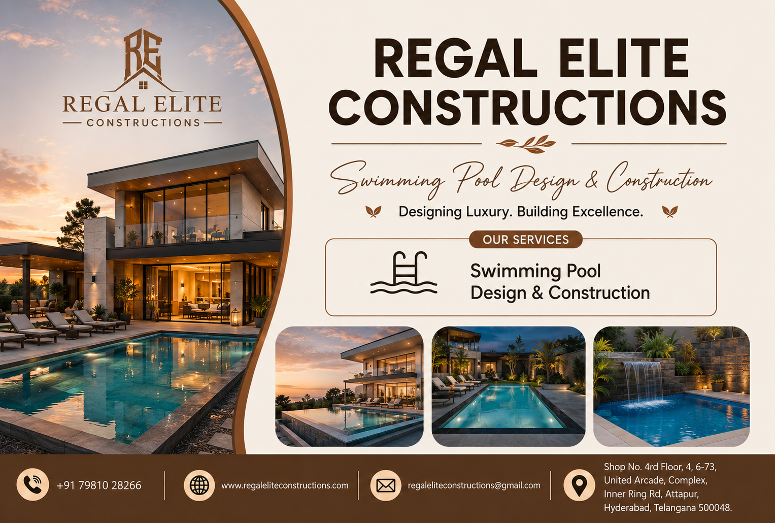 Modern luxury swimming pool design and construction project by Regal Elite Constructions in Hyderabad