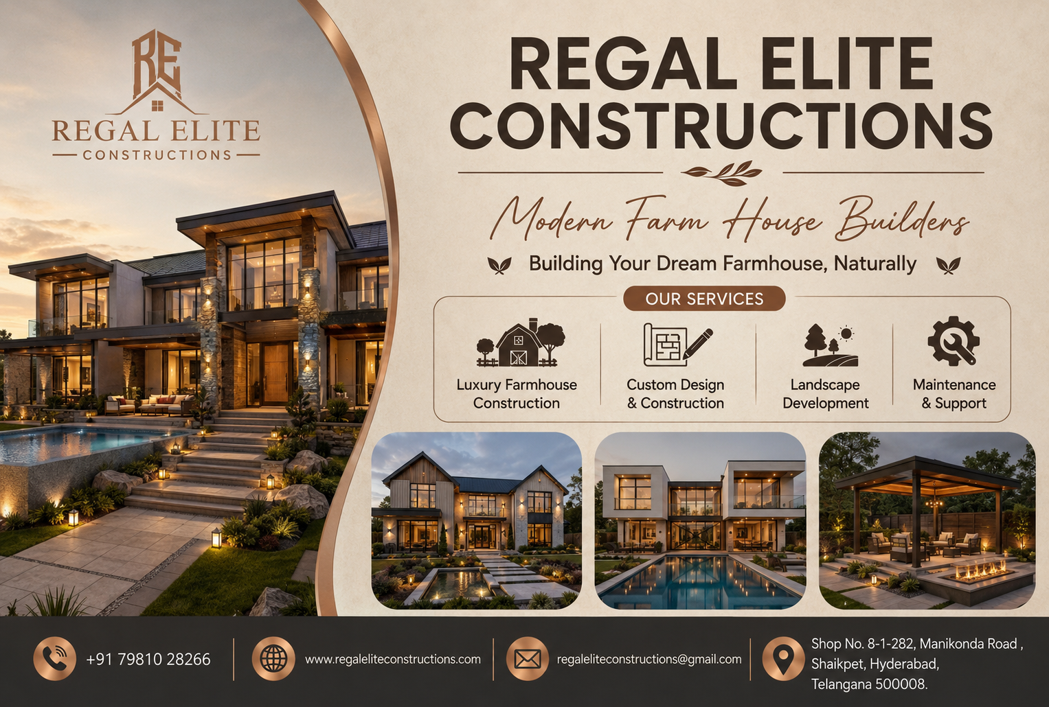 Luxury Farmhouse Construction in Hyderabad by Regal Elite Constructions featuring modern architecture and premium outdoor spaces