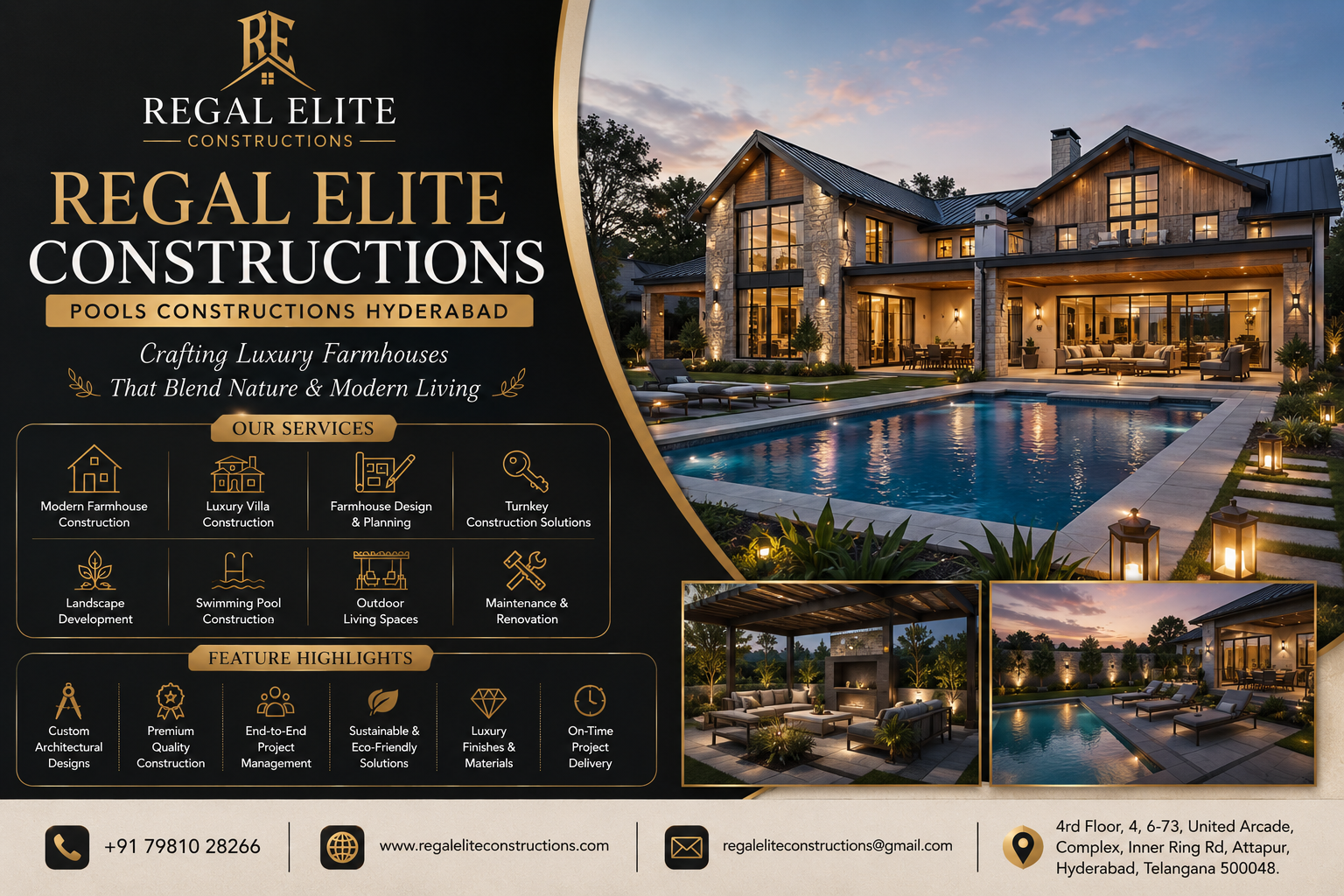 Pool Constructions Hyderabad featuring a luxury swimming pool built for a modern villa by Regal Elite Constructions