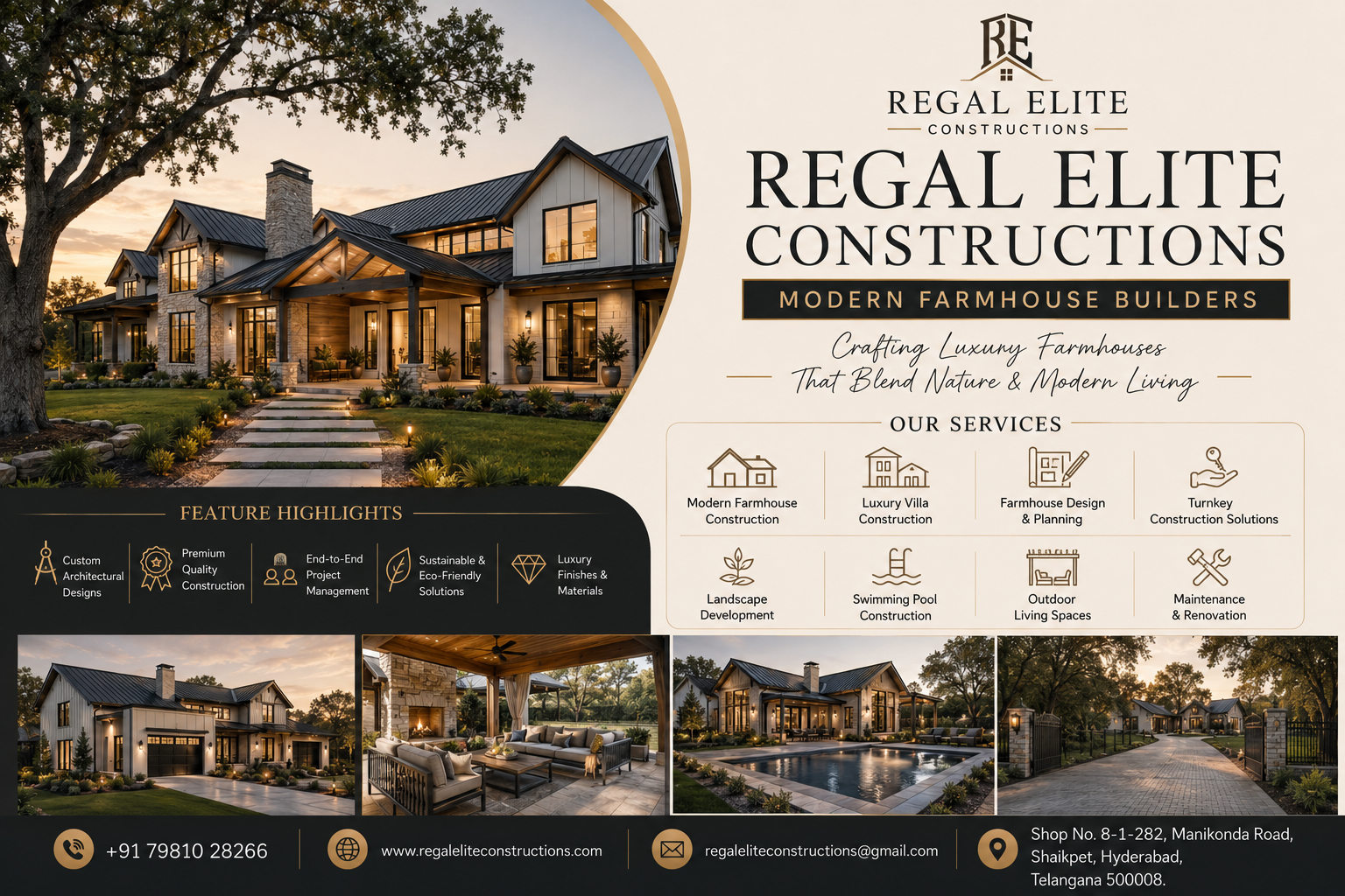 Modern farmhouse builders in Hyderabad creating luxury farmhouse with premium architecture and landscape design