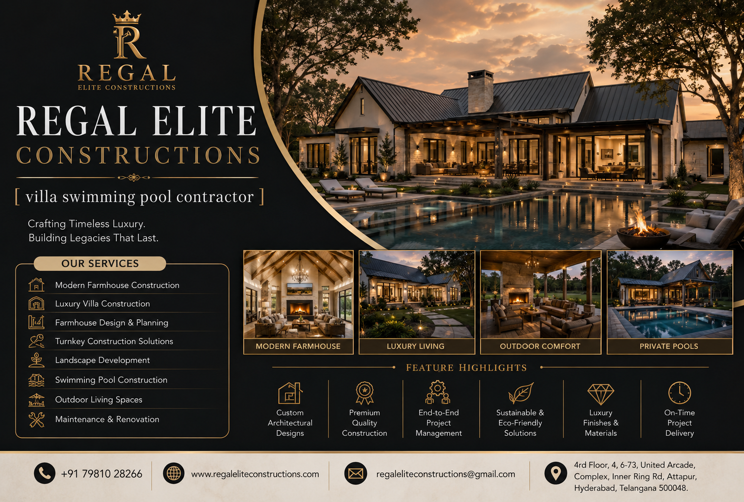 Villa swimming pool contractor in Hyderabad designing and constructing a luxury swimming pool for a premium villa with modern architecture and elegant outdoor living spaces.