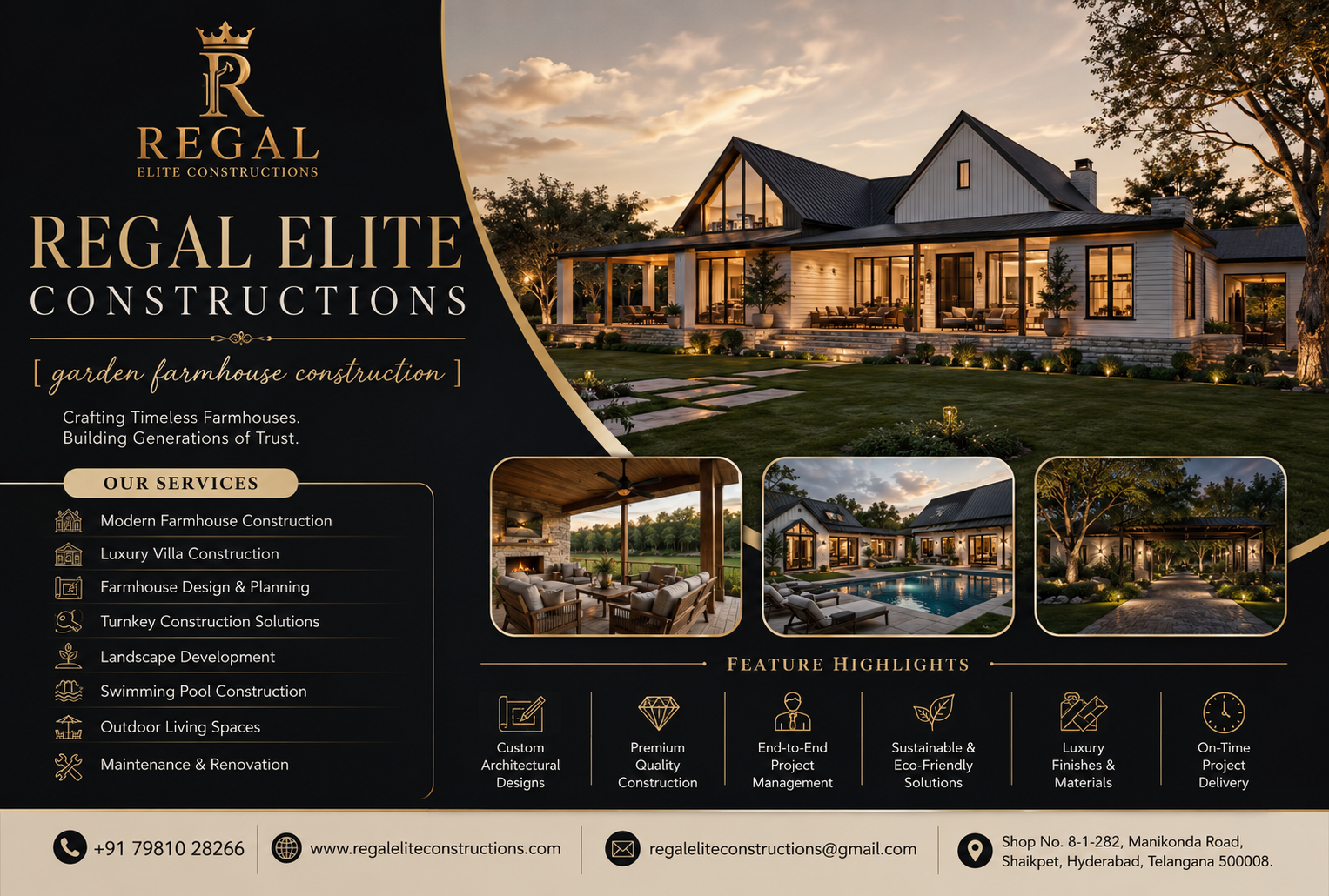 Luxury garden farmhouse construction project in Hyderabad featuring modern architecture, landscaped gardens, swimming pool, and premium outdoor living spaces by Regal Elite Constructions.