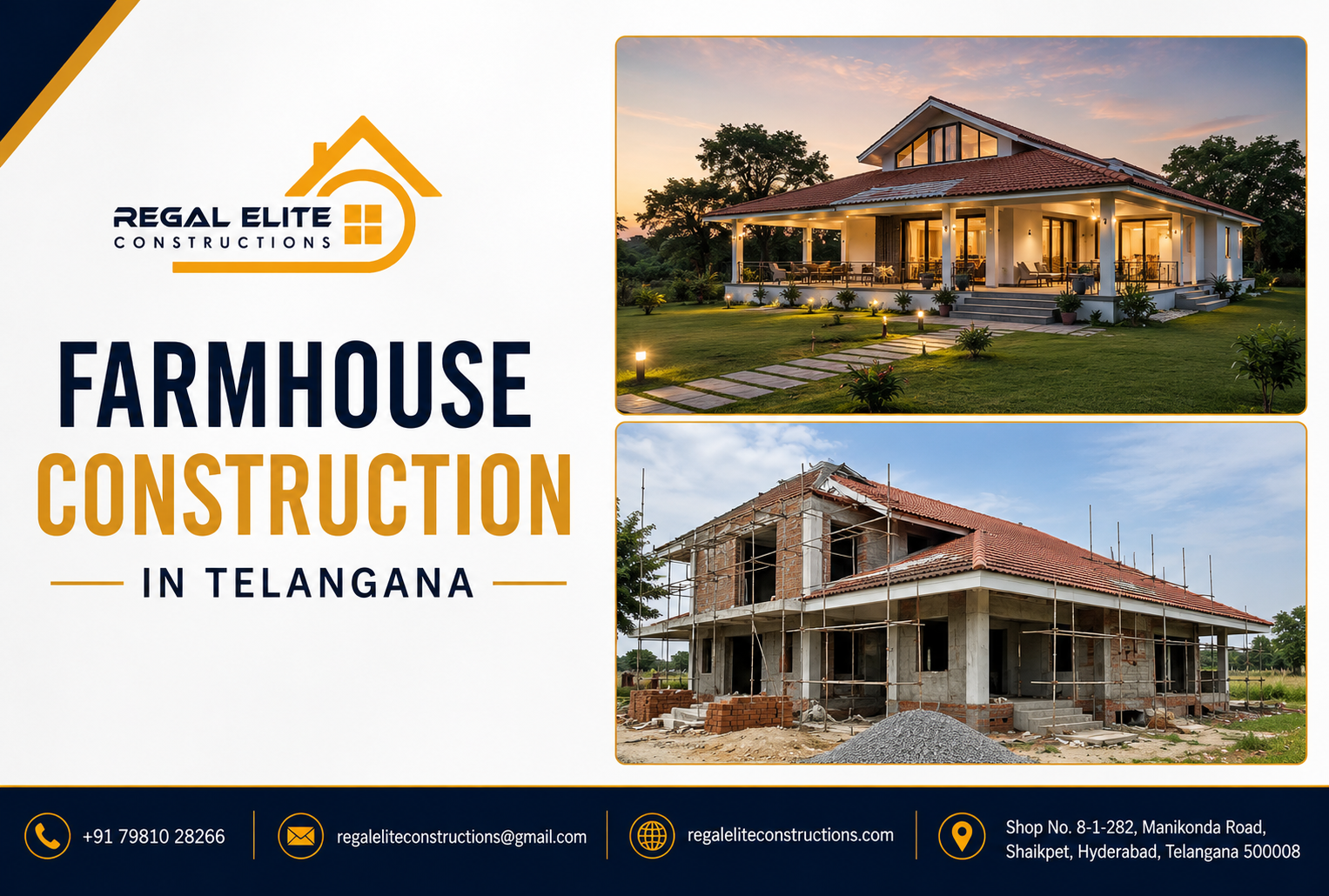 Modern farmhouse construction in Telangana with premium architecture and landscape design