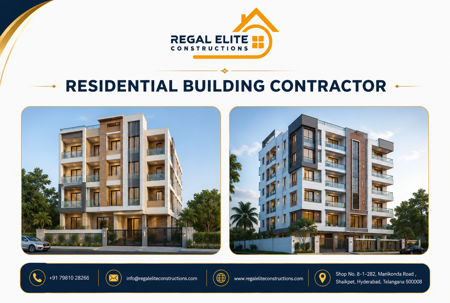 Modern residential apartment building constructed by Regal Elite Constructions, trusted Residential Building Contractor in Hyderabad