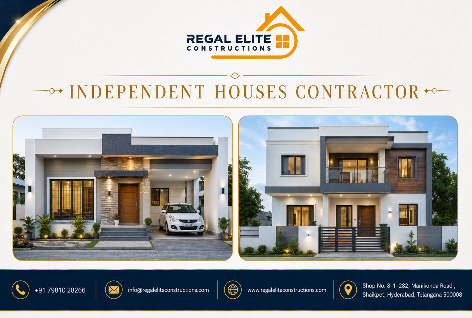 Modern independent house construction by Regal Elite Constructions, trusted Independent Houses Contractor in Hyderabad