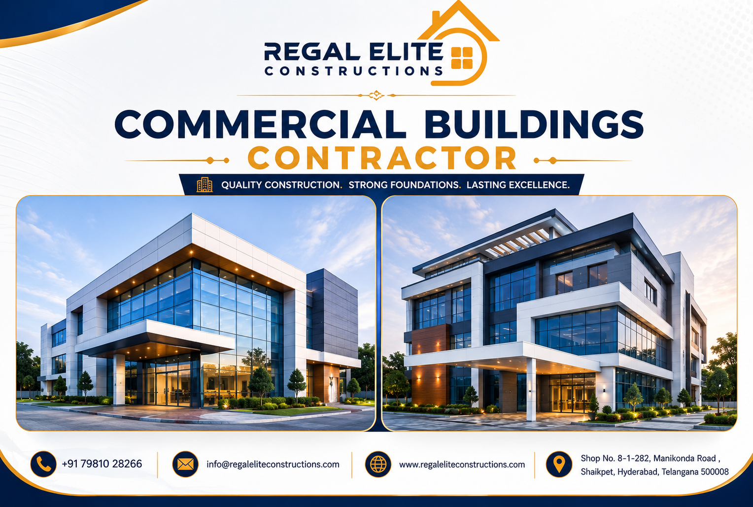 Modern commercial building constructed by Regal Elite Constructions, a trusted Commercial Buildings contractor in Hyderabad