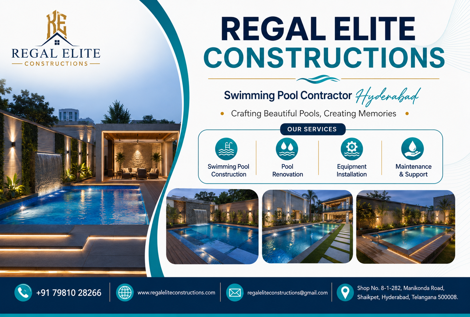Modern luxury swimming pool designed and constructed by a professional swimming pool contractor in Hyderabad