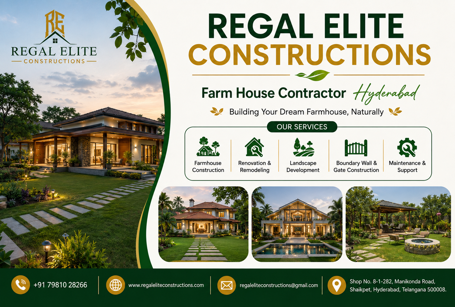 Beautiful custom farmhouse designed and built by a professional farmhouse contractor in Hyderabad