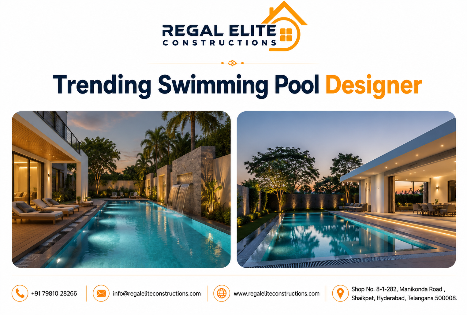 Luxury swimming pool designed by Trending Swimming Pool Designers in Hyderabad by Regal Elite Constructions