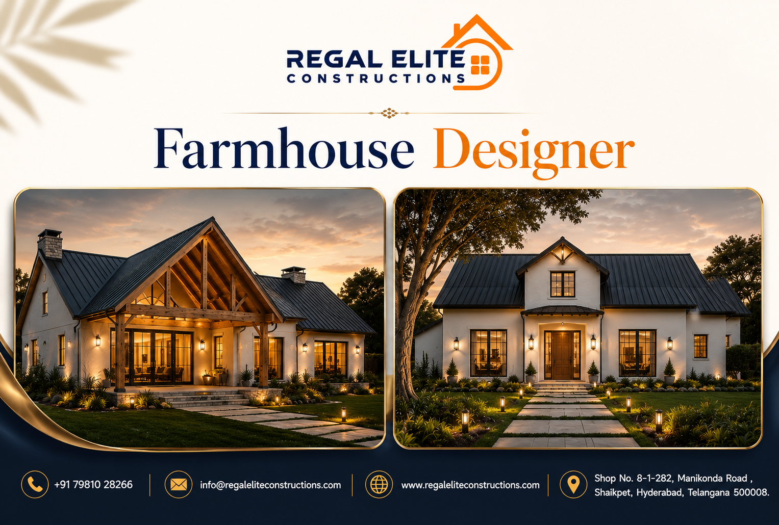 Modern luxury farmhouse designed by Regal Elite Constructions, leading Farmhouse Designer in Hyderabad