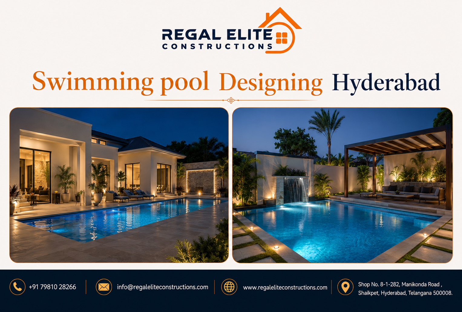Modern luxury swimming pool designing in Hyderabad for villas, homes, resorts, and farmhouses by Regal Elite Constructions