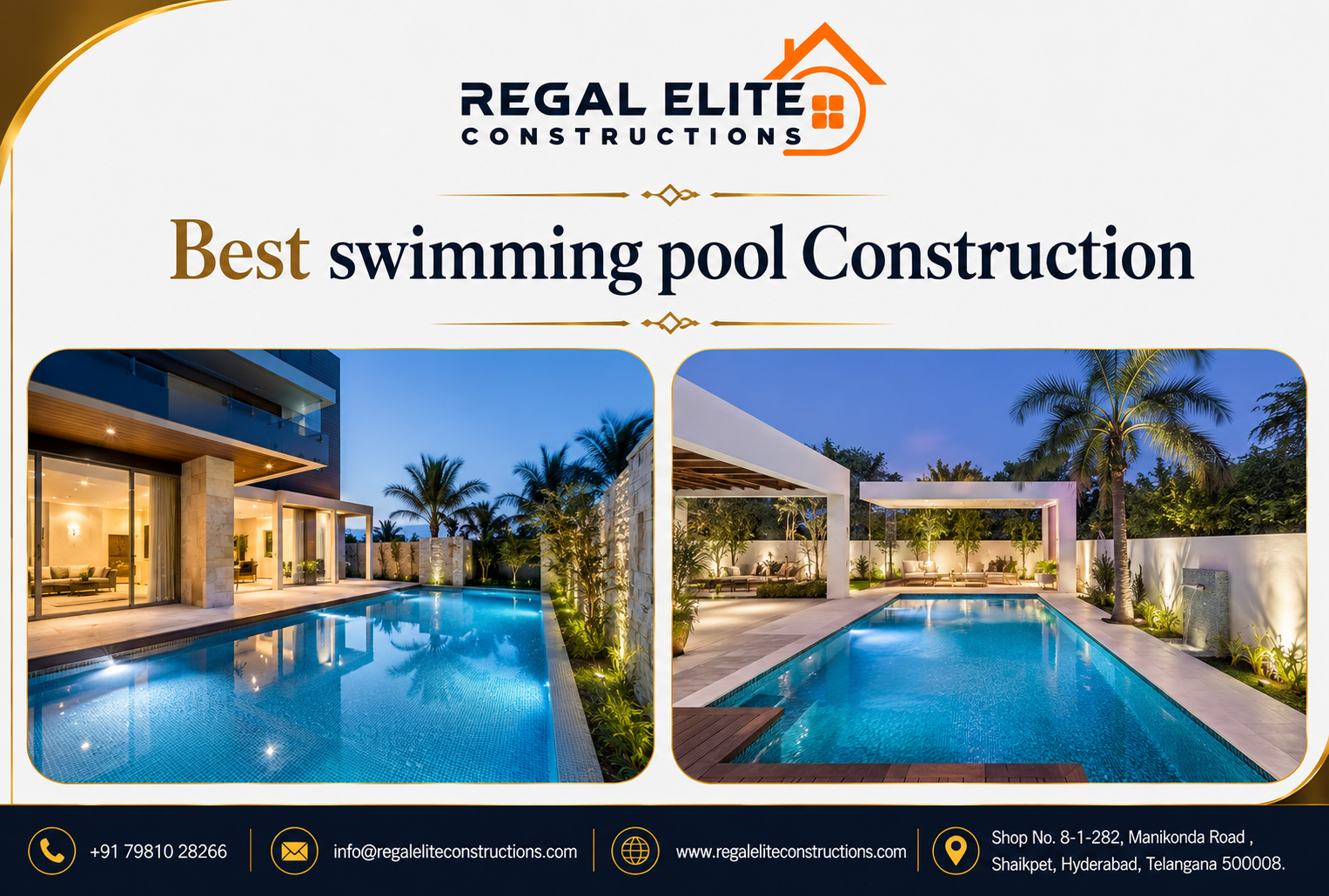 Luxury residential swimming pool showcasing the Best Swimming Pool Construction in Hyderabad with premium design, modern lighting, and elegant landscaping