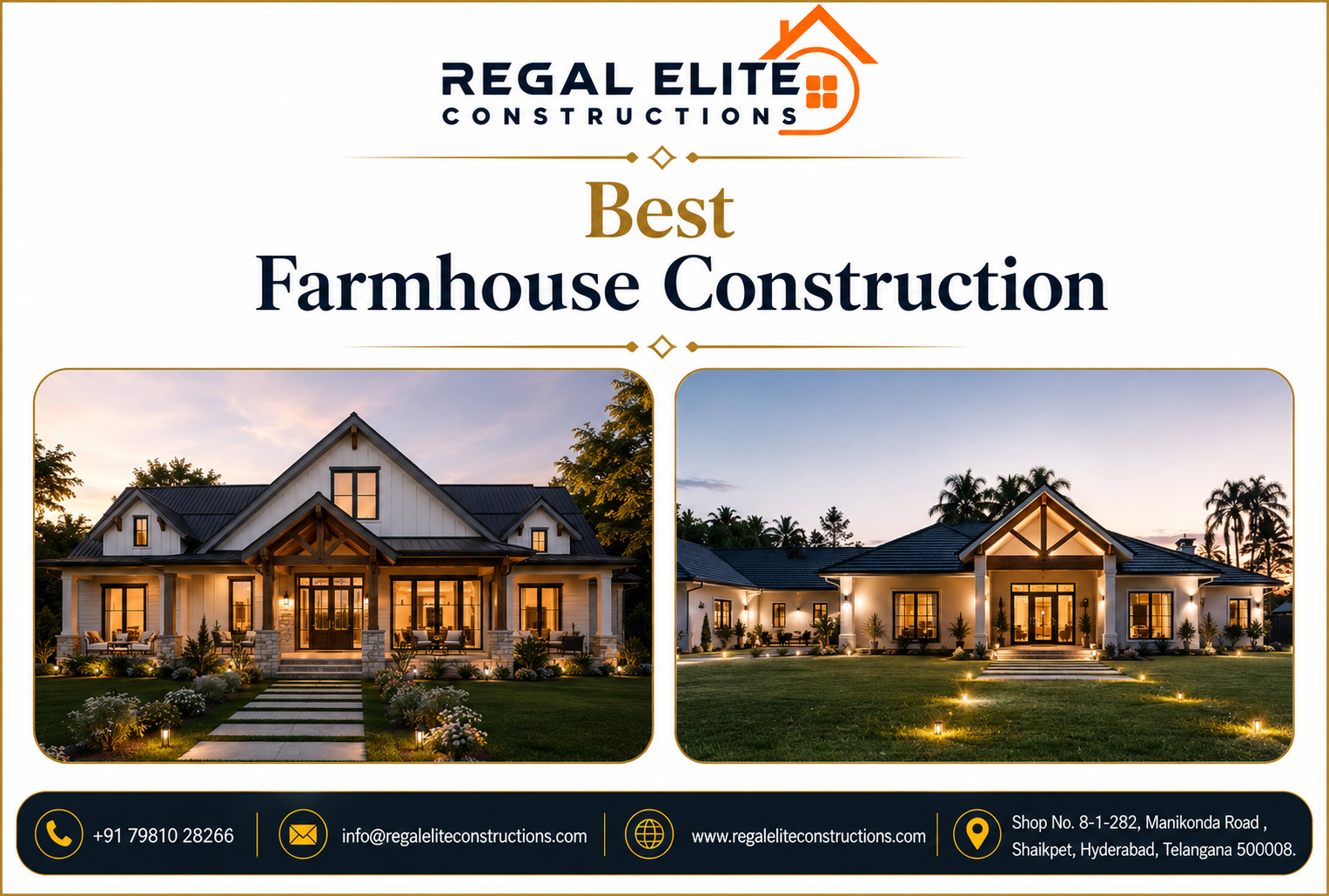 Modern luxury farmhouse showcasing the Best Farmhouse Construction in Hyderabad with landscaped gardens and premium architectural design