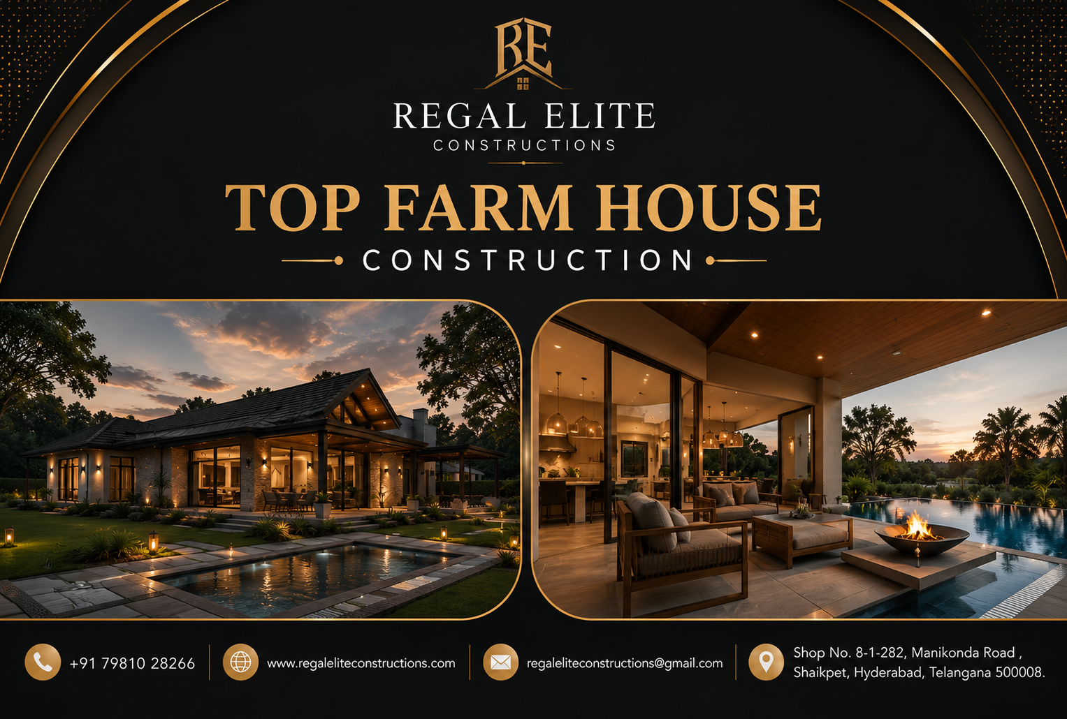Top Farm House Construction in Hyderabad with luxury farmhouse design, swimming pool and landscape by Regal Elite Constructions