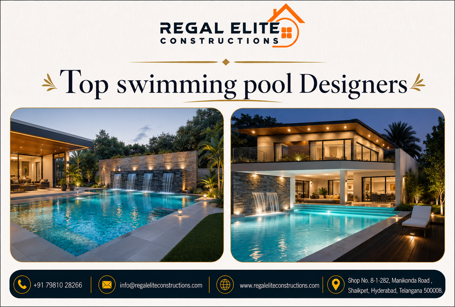 Luxury modern swimming pool designed by Top swimming pool Designers in Hyderabad for villas, homes and farmhouses