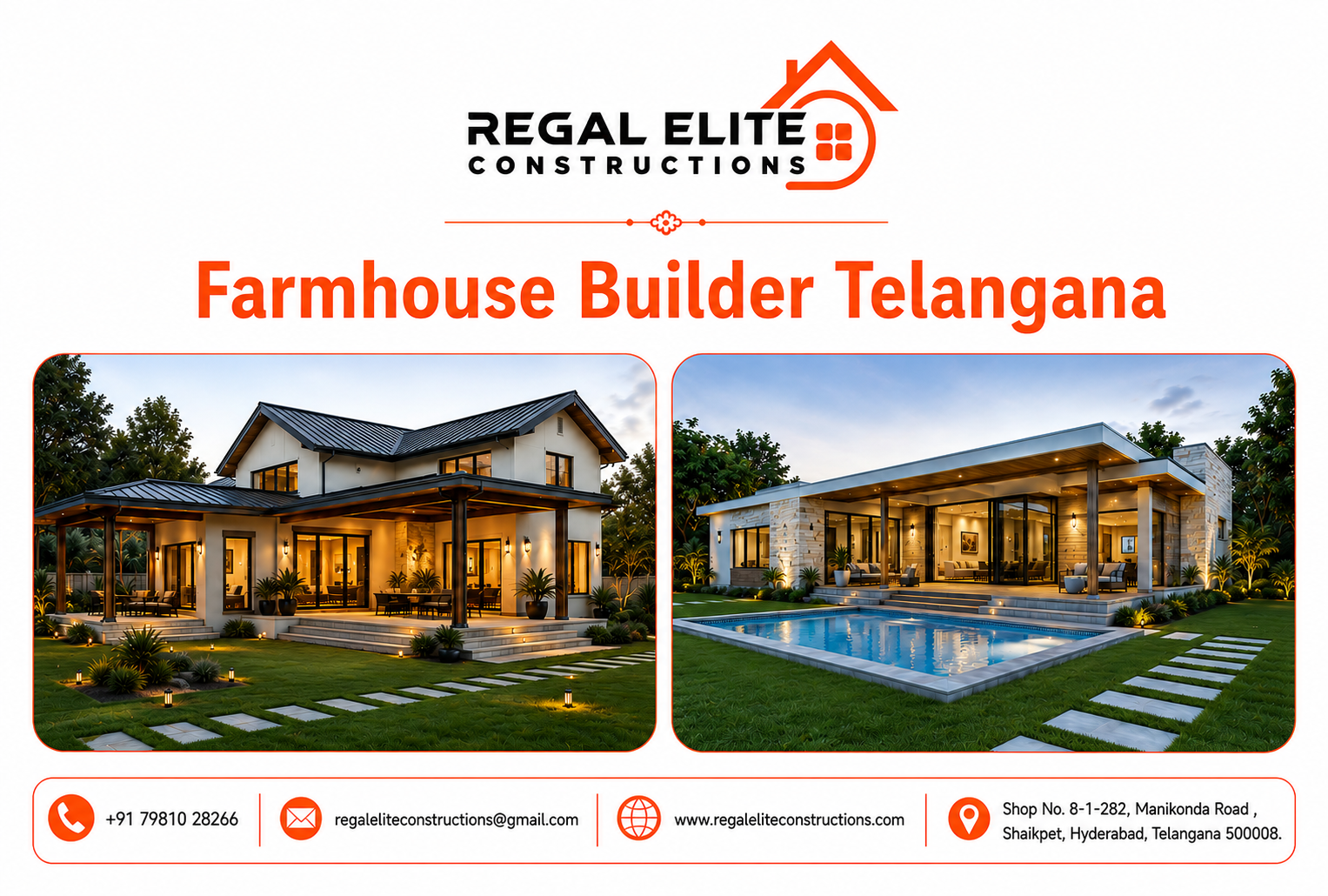 Modern luxury farmhouse built by Farmhouse Builder Telangana with premium architecture, landscaping and swimming pool