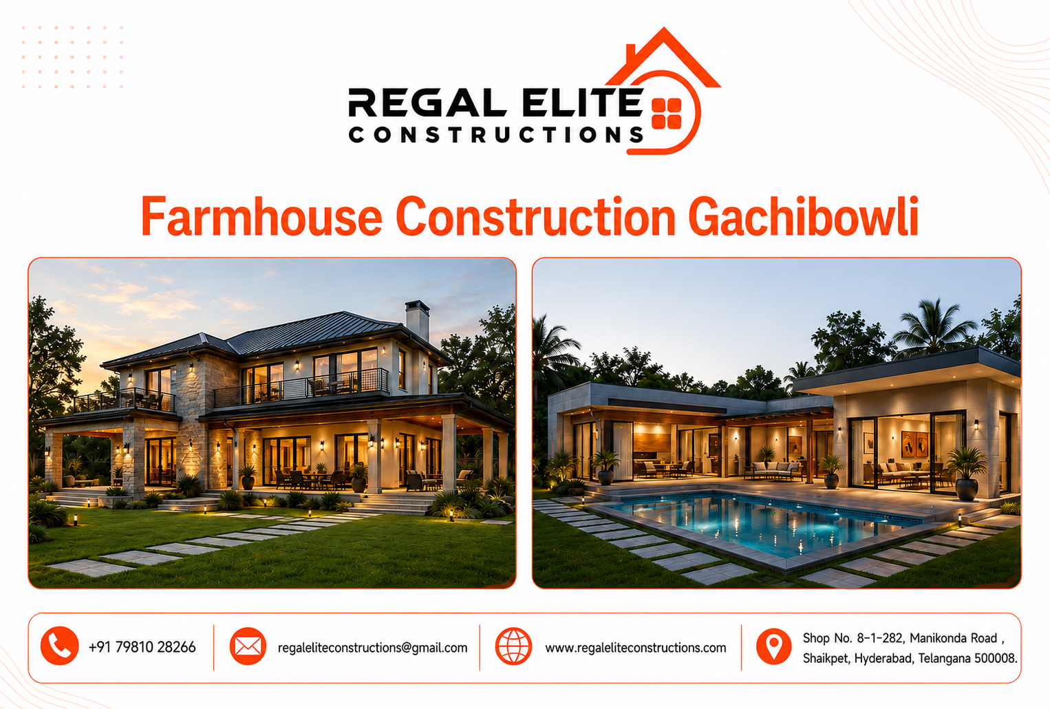 Premium farmhouse construction near Gachibowli by Regal Elite Constructions