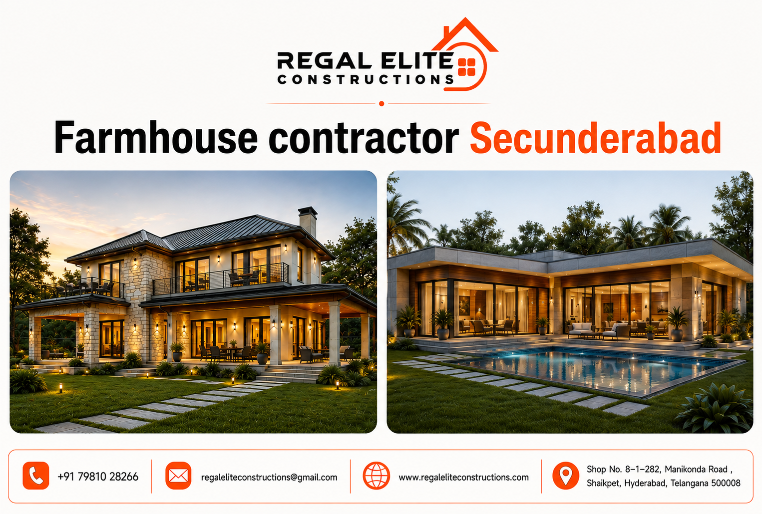 Farmhouse contractor Secunderabad for luxury farmhouse construction by Regal Elite Constructions