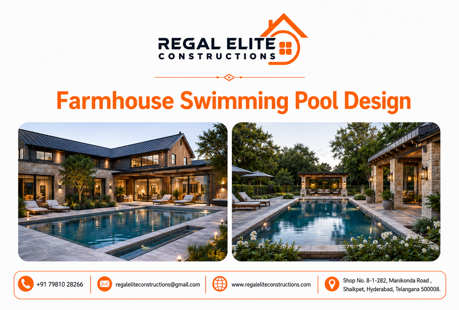 Farmhouse Swimming Pool Design with modern luxury pool, landscaping and farmhouse architecture