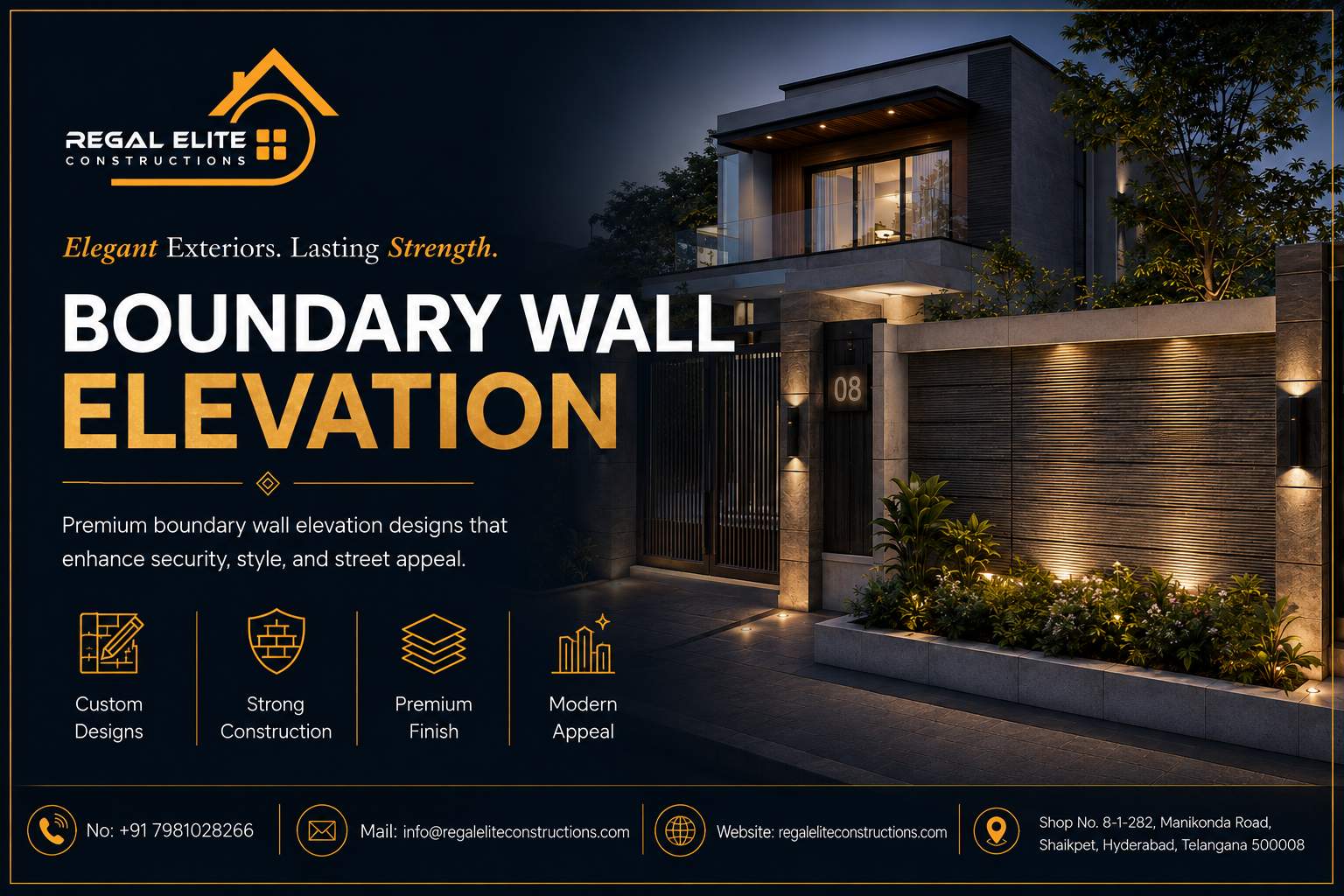 Modern Boundary Wall Elevation ideas for homes, villas and premium properties in Hyderabad