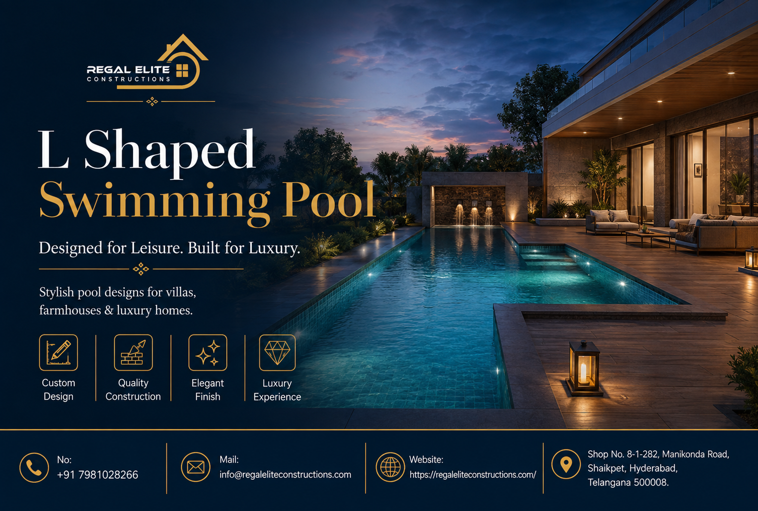 Modern L Shaped Swimming Pool design for villas, farmhouses and luxury homes in Hyderabad