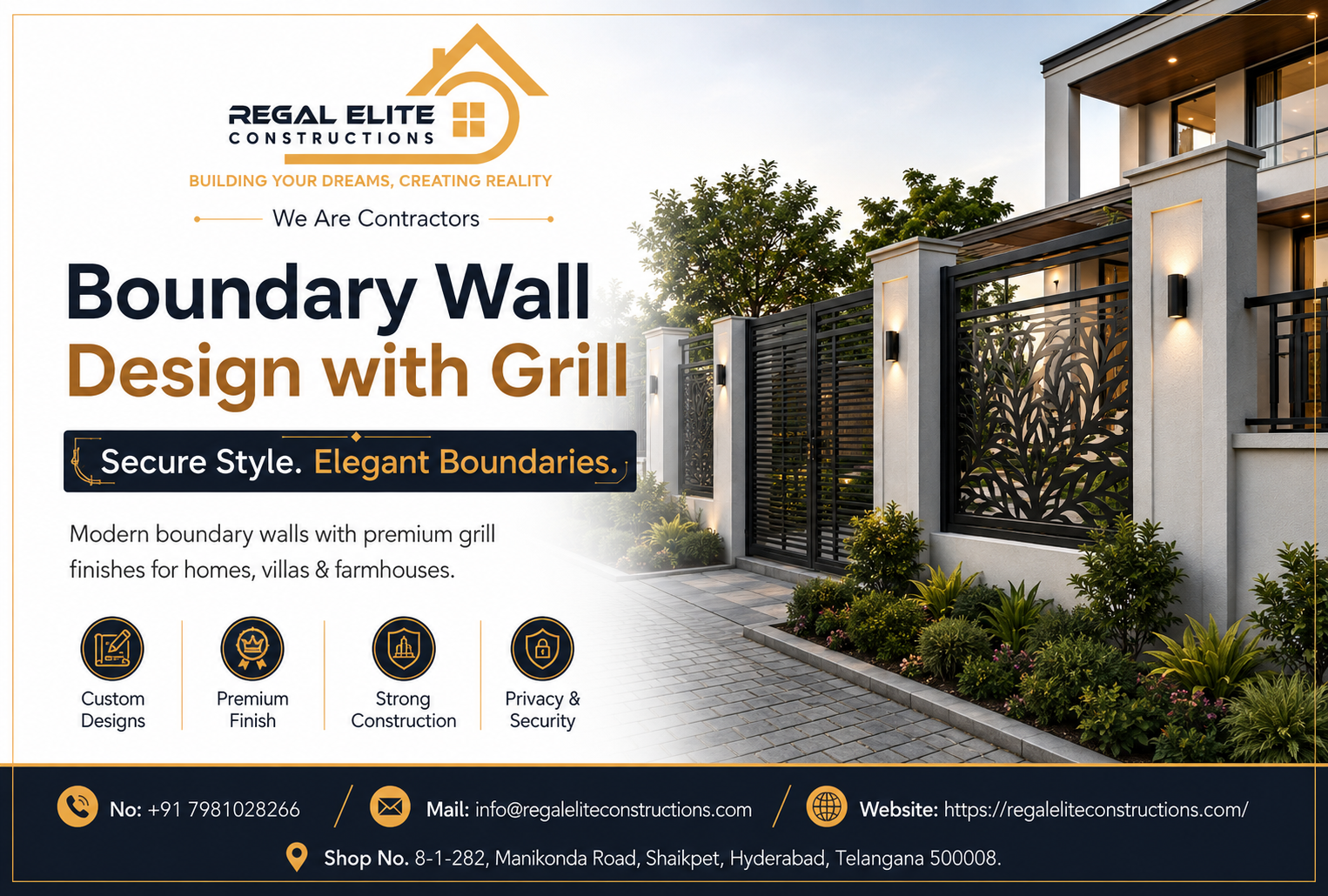 Modern Boundary Wall Design with Grill for homes, villas and farmhouses in Hyderabad