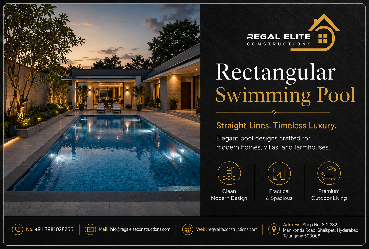 Rectangular Swimming Pool design for modern homes, villas and farmhouses