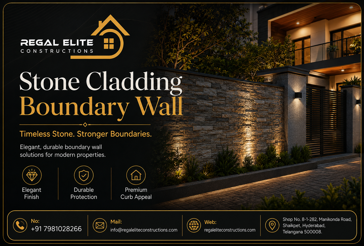 Stone Cladding Boundary Wall design for modern homes and villas in Hyderabad