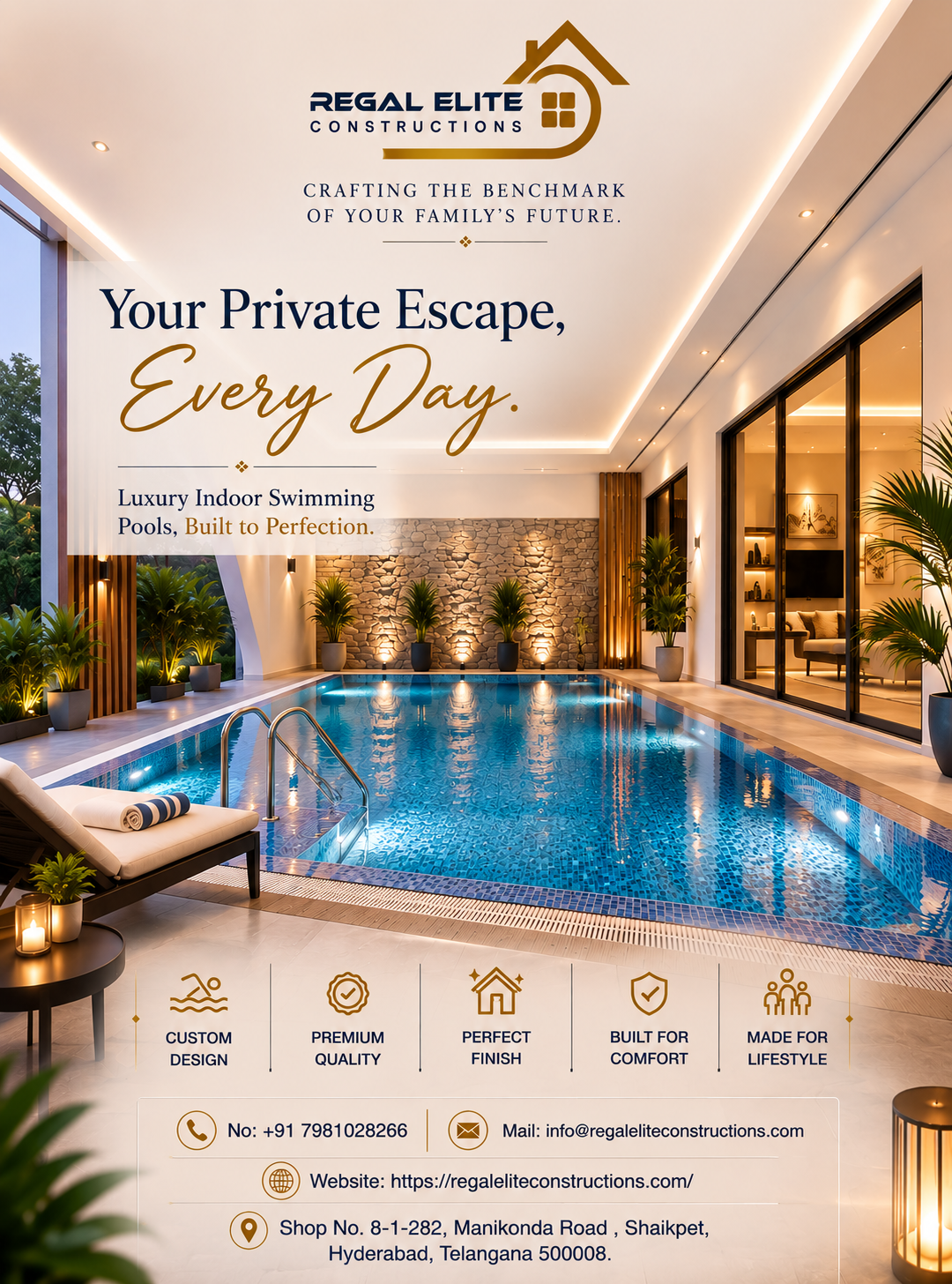 Luxury indoor swimming pool design for modern villa in Hyderabad