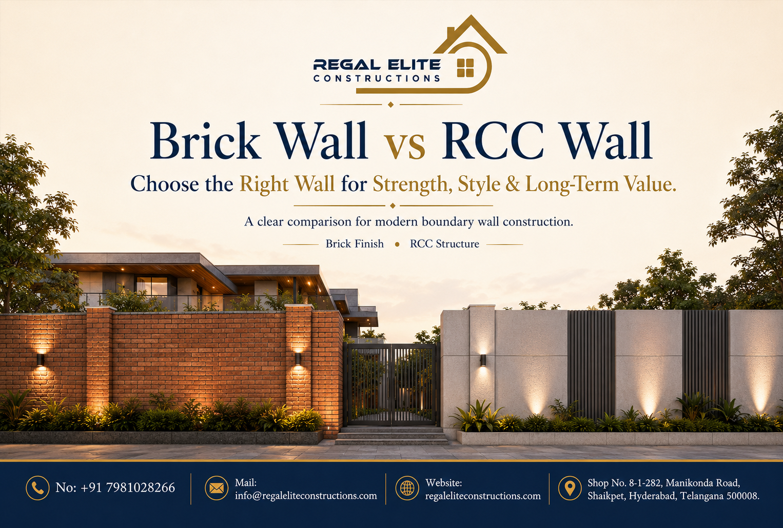 Brick boundary wall and reinforced concrete boundary wall construction comparison in Hyderabad
