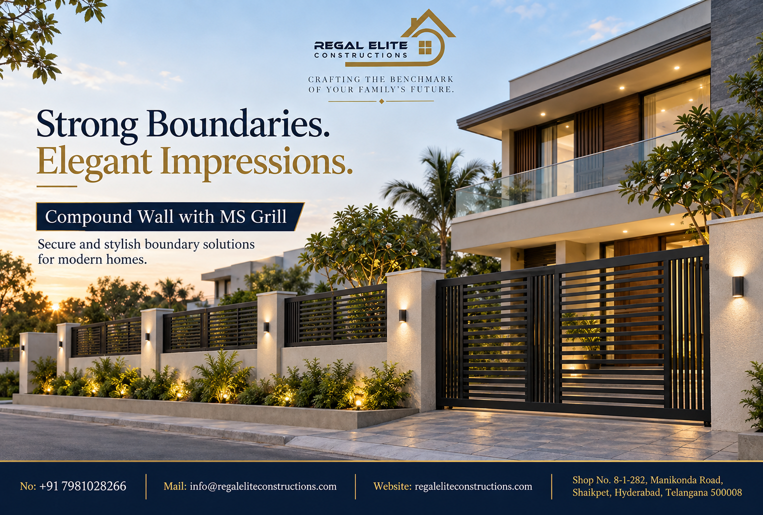 Modern Compound Wall with MS Grill design for residential homes and villas