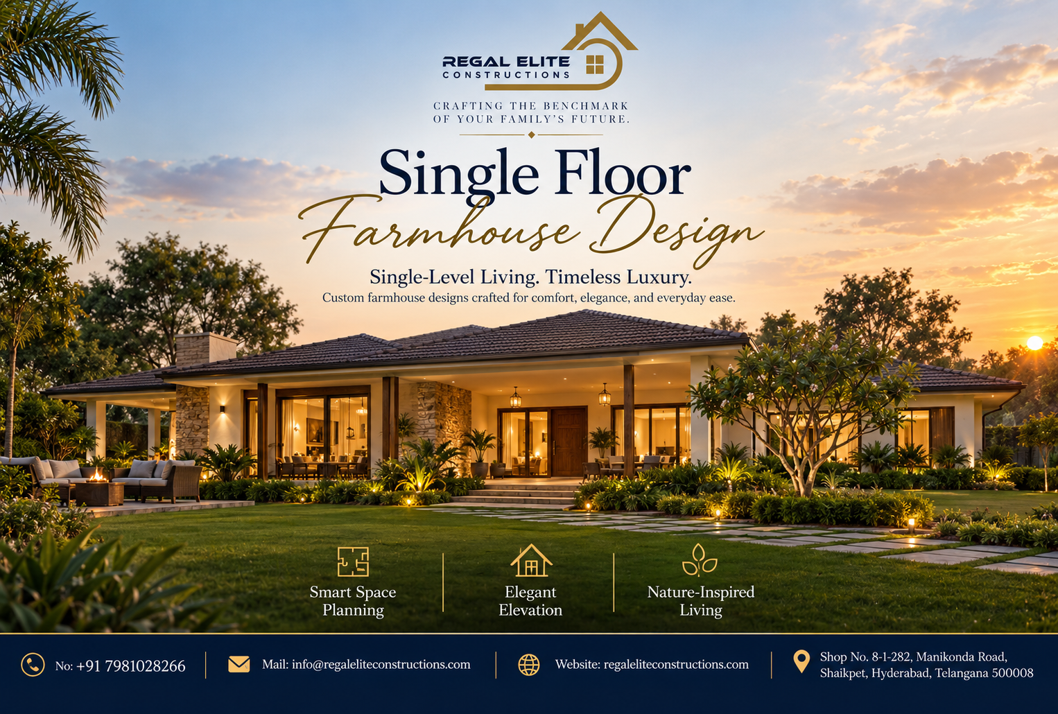 Single Floor Farmhouse Design with landscaped garden and comfortable outdoor living space