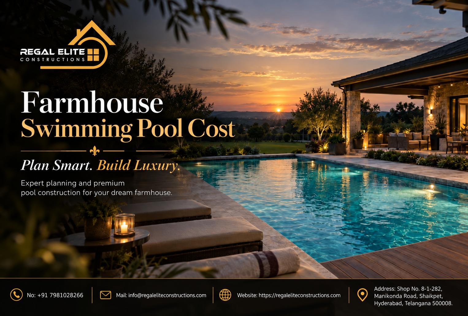 Farmhouse Swimming Pool Cost guide showing a modern farmhouse pool with deck and landscaping