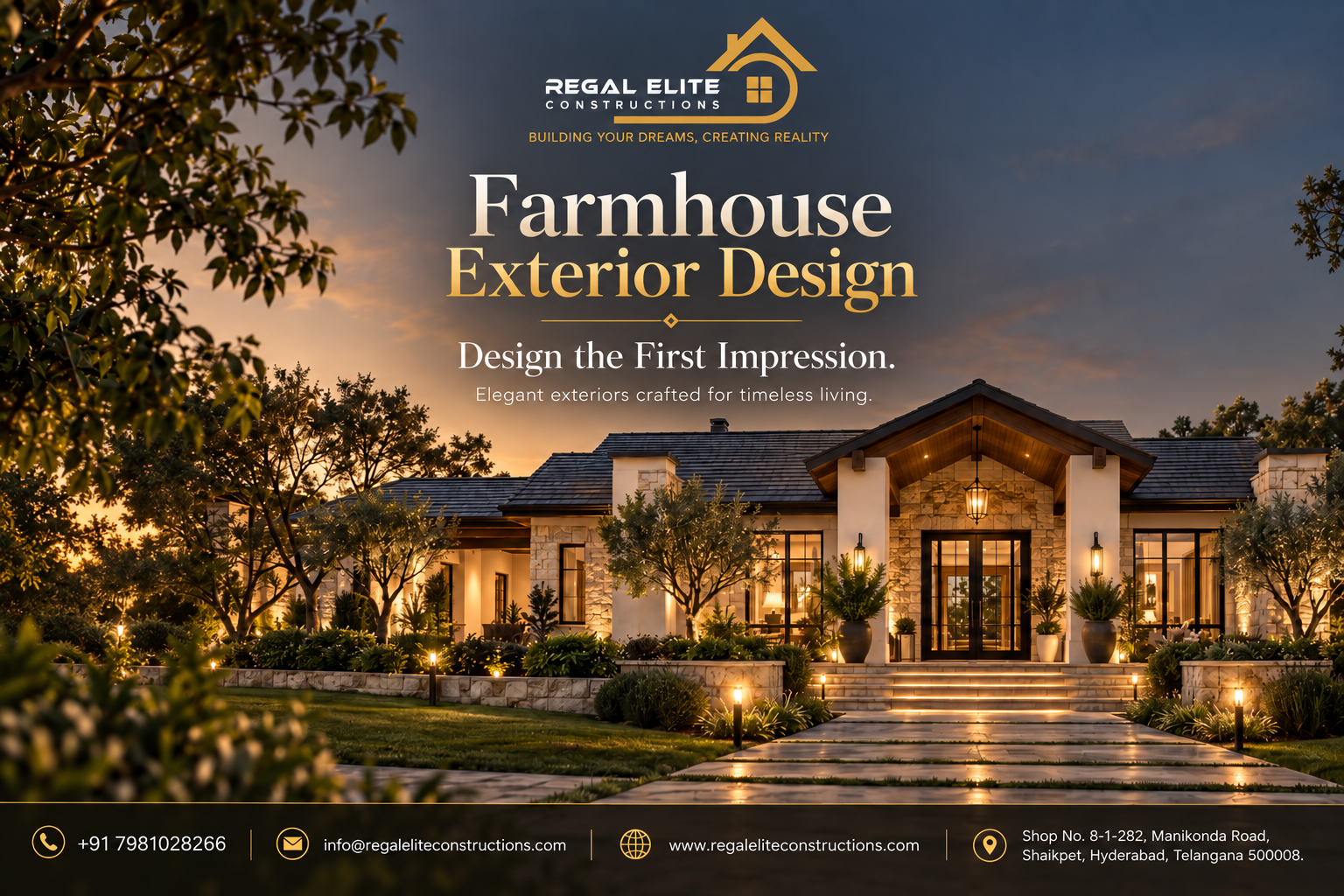 Text: Luxury Farmhouse Exterior Design featuring natural stone, exposed brick and warm wood accents