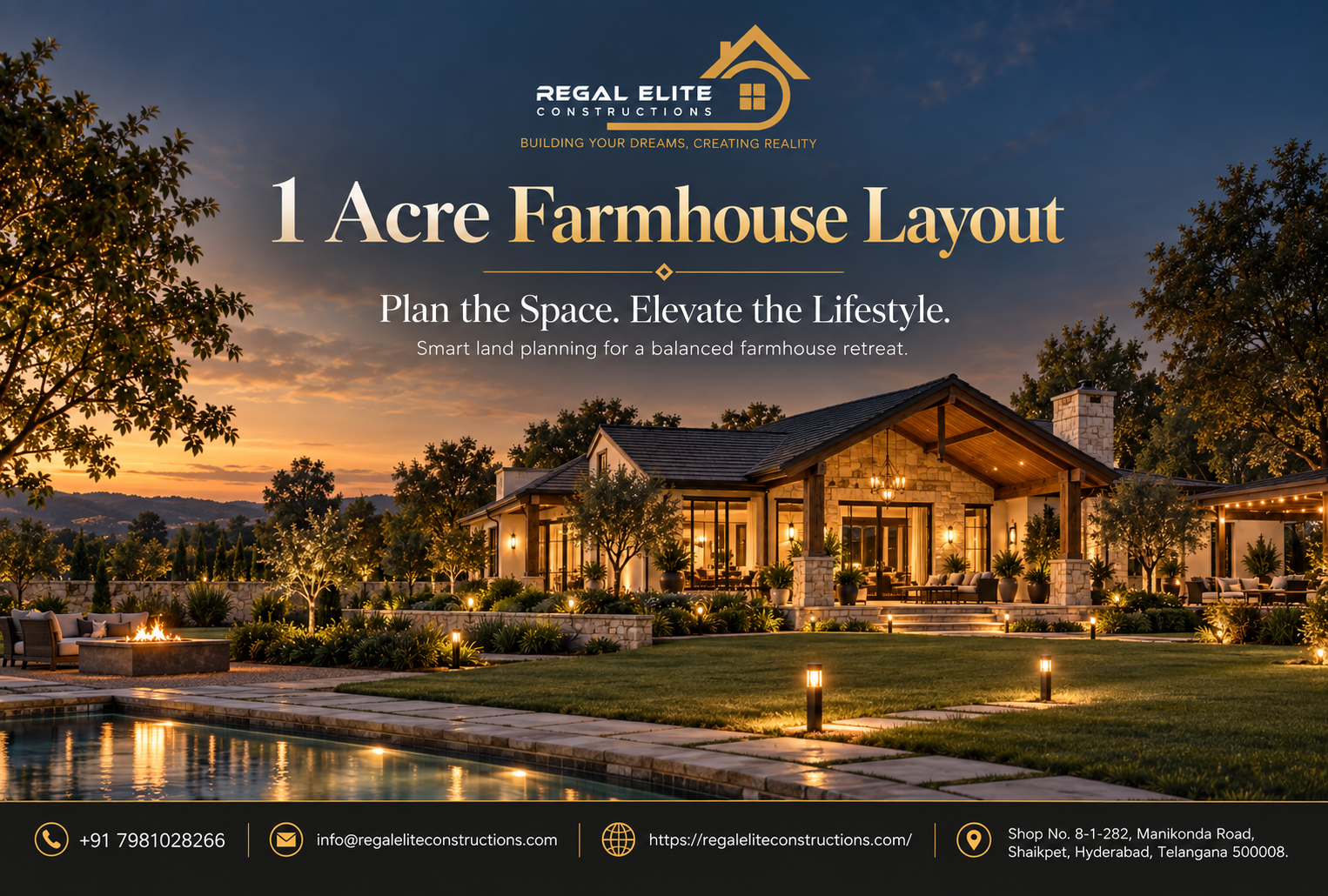 1 Acre Farmhouse Layout showing farmhouse building, swimming pool, landscaping and outdoor spaces
