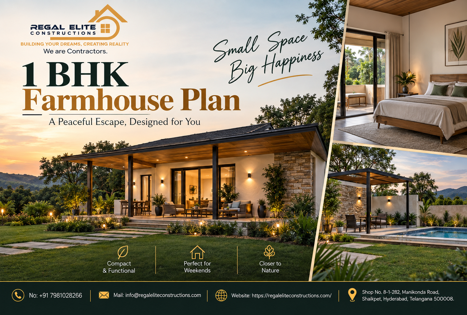 1 BHK Farmhouse Plan with modern compact design, landscaped garden and outdoor sit-out