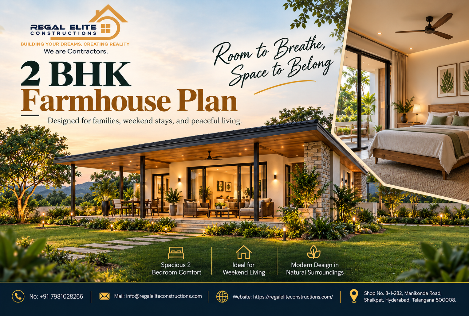 Modern 2 BHK Farmhouse Plan for families with lawn, verandah and comfortable weekend stay design