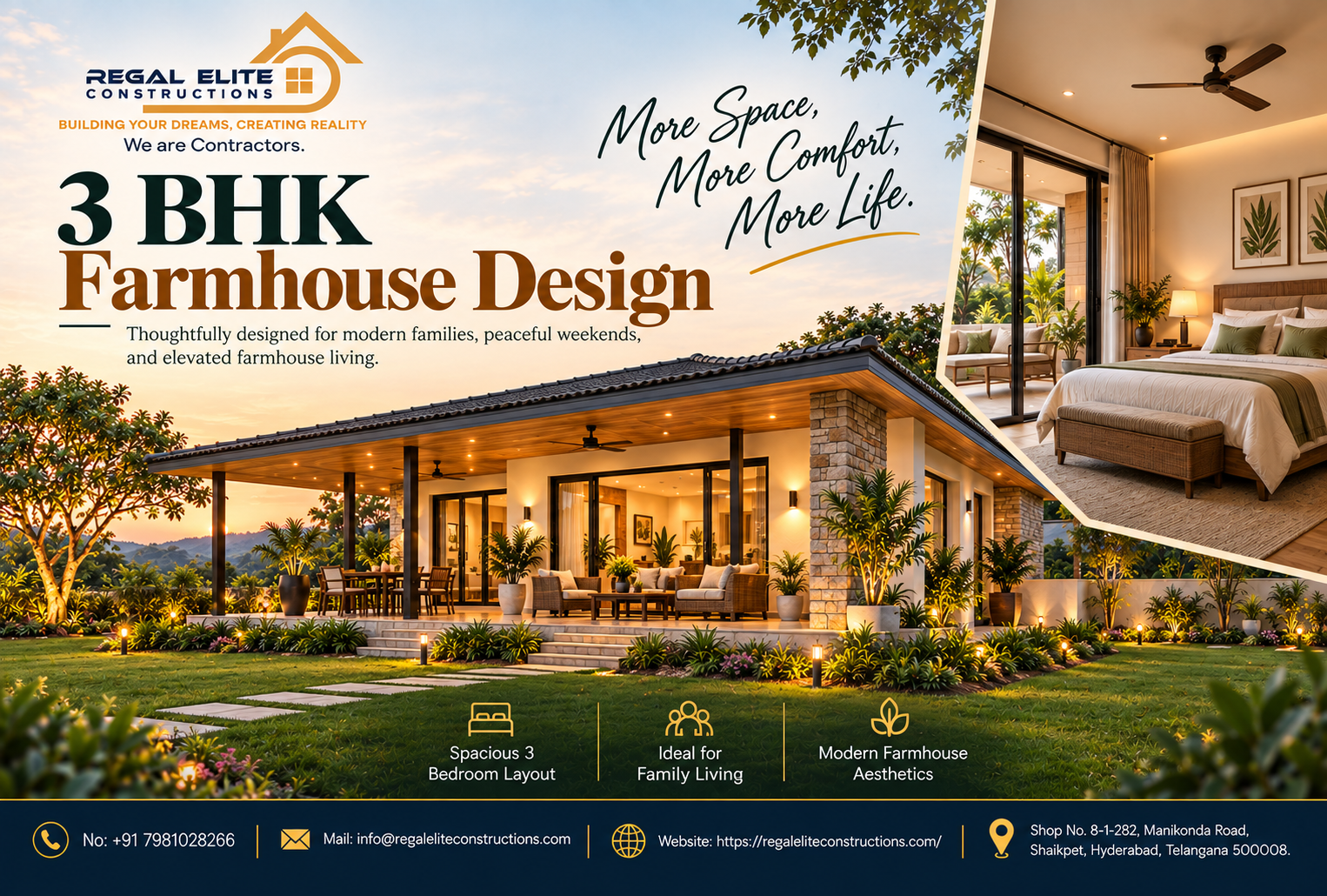 Modern 3 BHK farmhouse design with swimming pool, landscaped garden, veranda and outdoor living space in Hyderabad