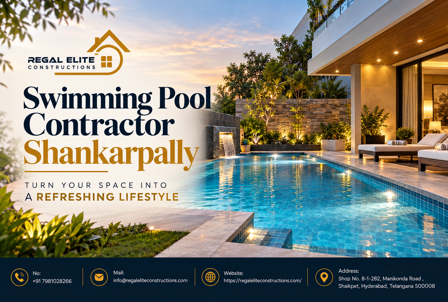 Swimming pool contractor Shankarpally designing and constructing a luxury swimming pool for a villa