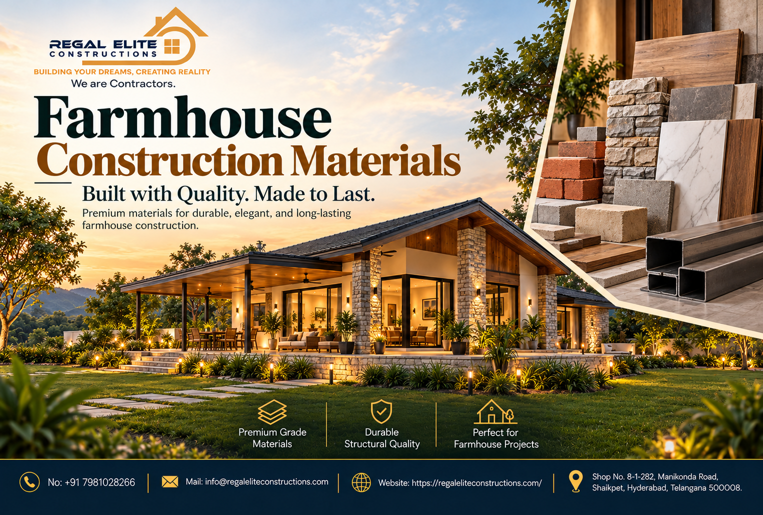 Durable farmhouse construction materials used for luxury farmhouse building in Hyderabad, Telangana
