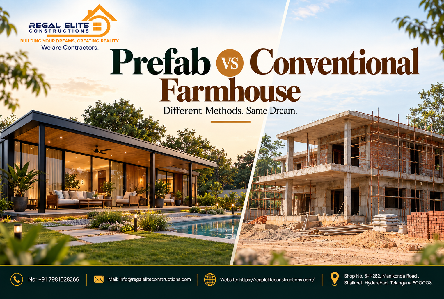 Prefab vs Conventional Farmhouse comparison showing modern prefabricated farmhouse and traditional farmhouse construction in Hyderabad