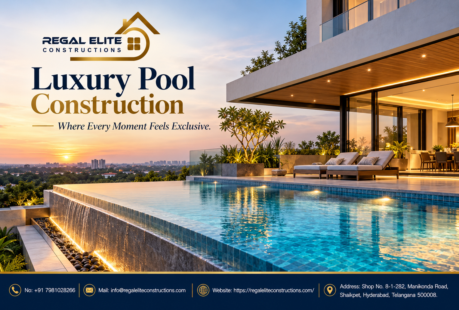 Luxury pool construction featuring a modern custom swimming pool design for a premium villa in Hyderabad