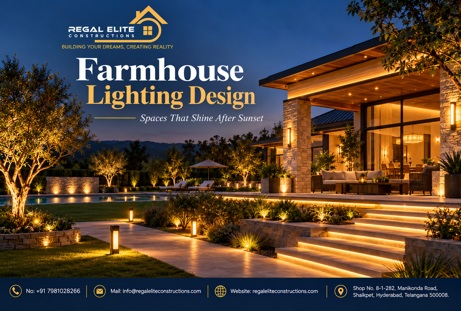 Farmhouse Lighting Design featuring elegant garden pathway lights, warm LED exterior lighting, landscape illumination and modern farmhouse architecture in Hyderabad.