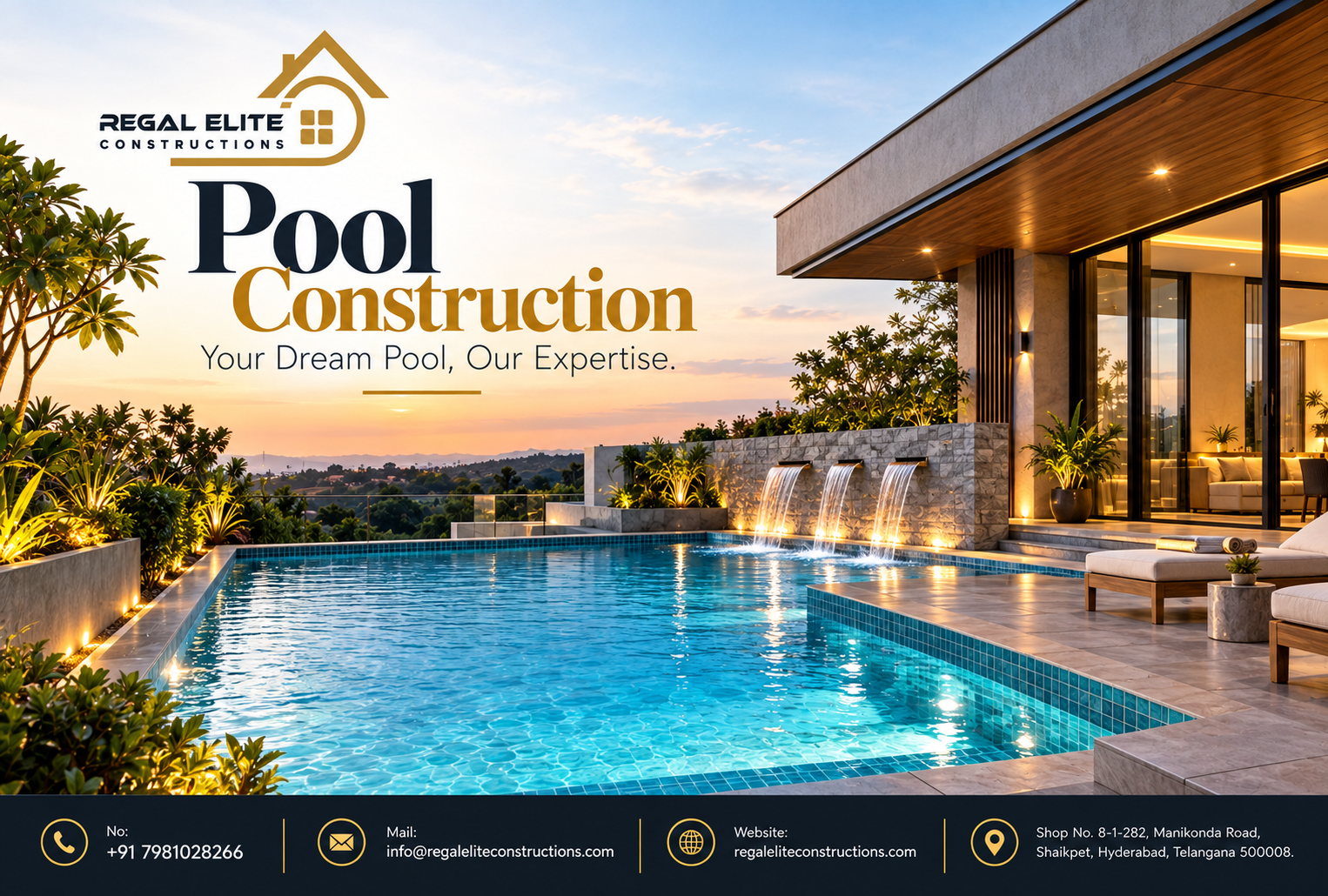 Professional pool construction in Hyderabad for luxury homes, villas, farmhouses and resorts by Regal Elite Constructions.